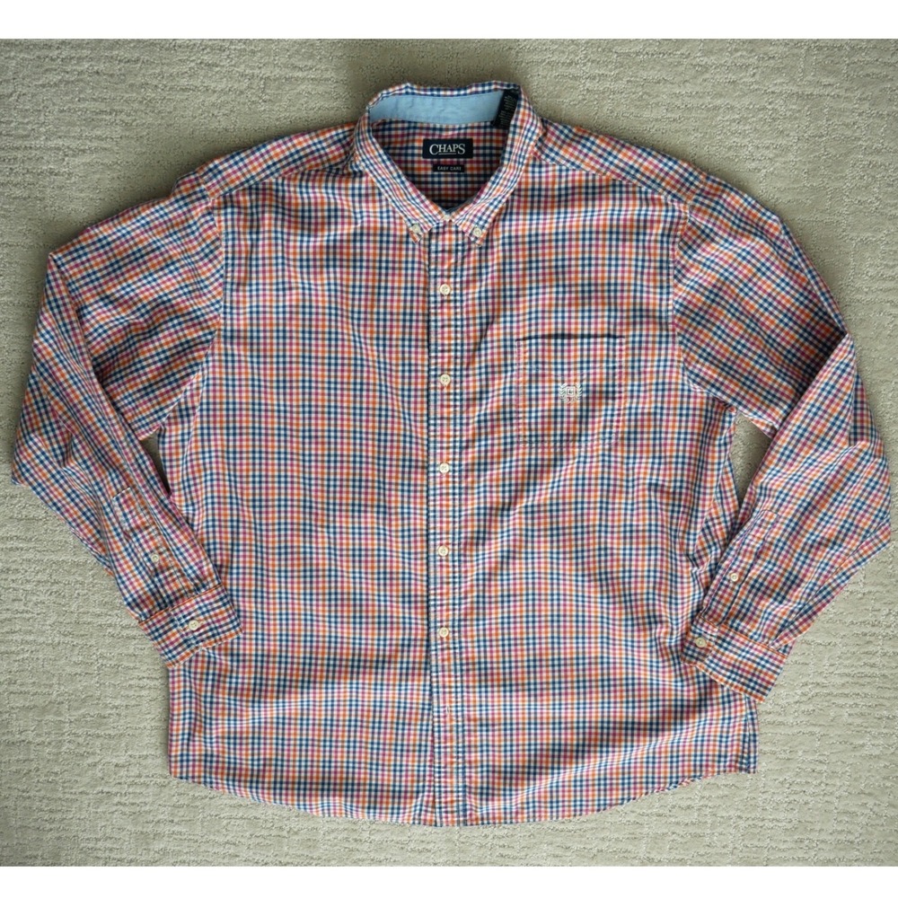Chaps Men XXL Easy Care Button Down Shirt Gingham Check Plaid Short Sleeve Multi